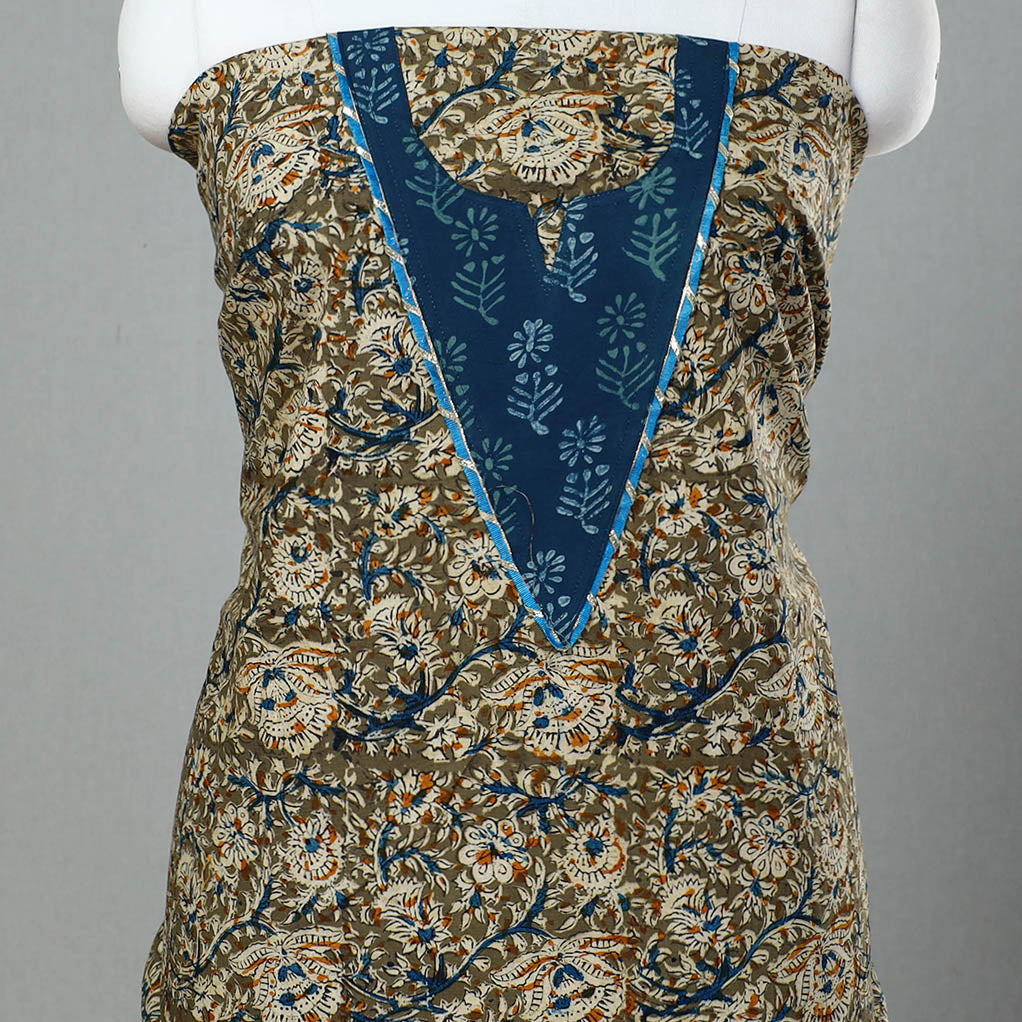 Green Kalamkari Print Patchwork Cotton Kurta Material (3m)