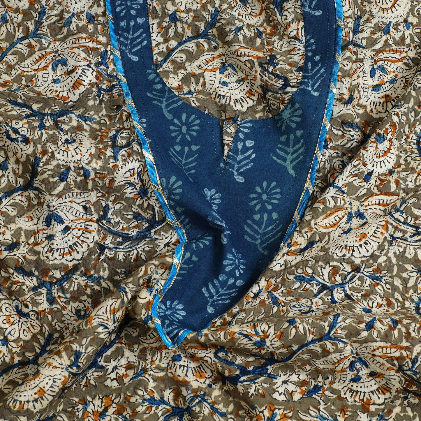 Green Kalamkari Print Patchwork Cotton Kurta Material (3m)