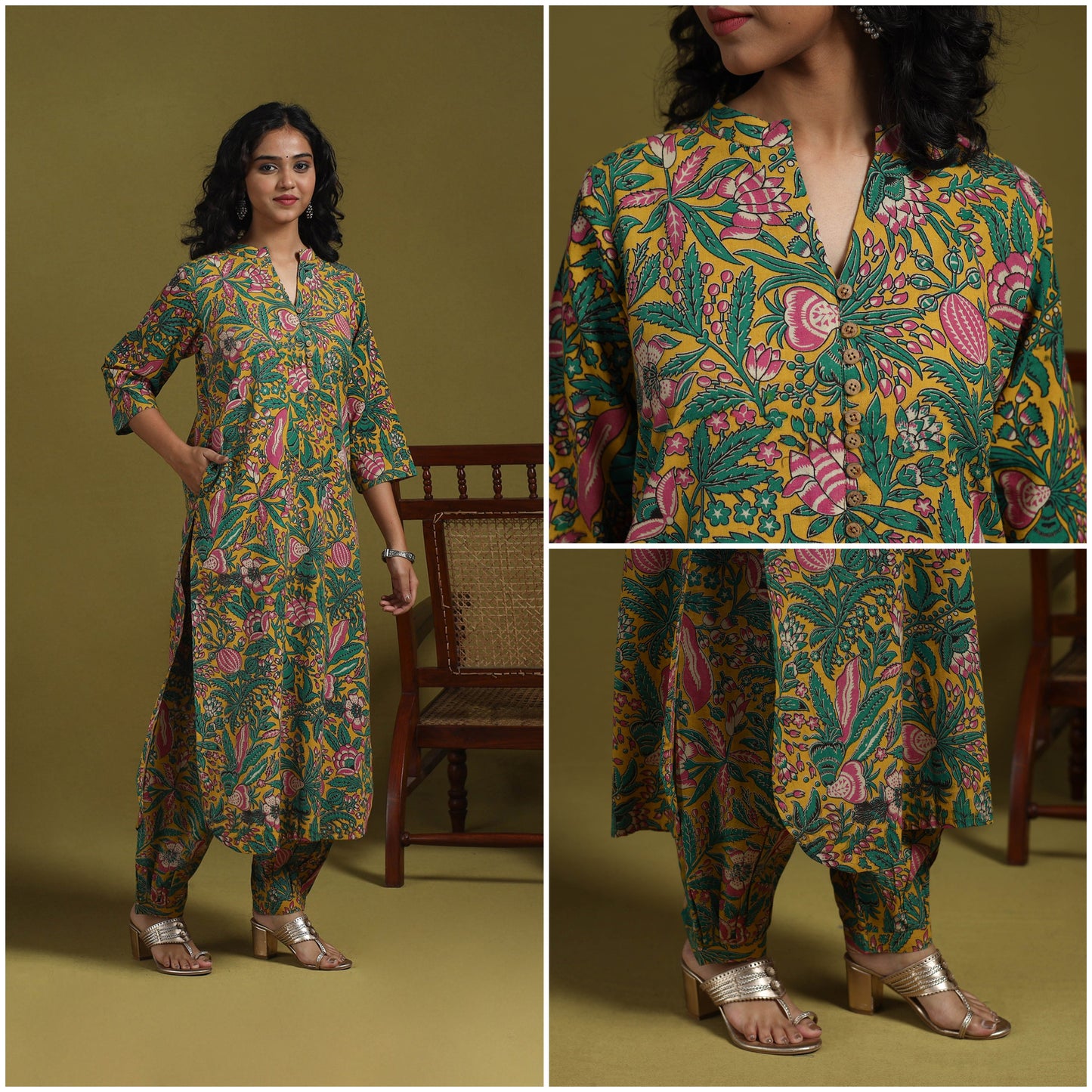 Green - kalamkari printed cotton 2pc kurta set for women 04