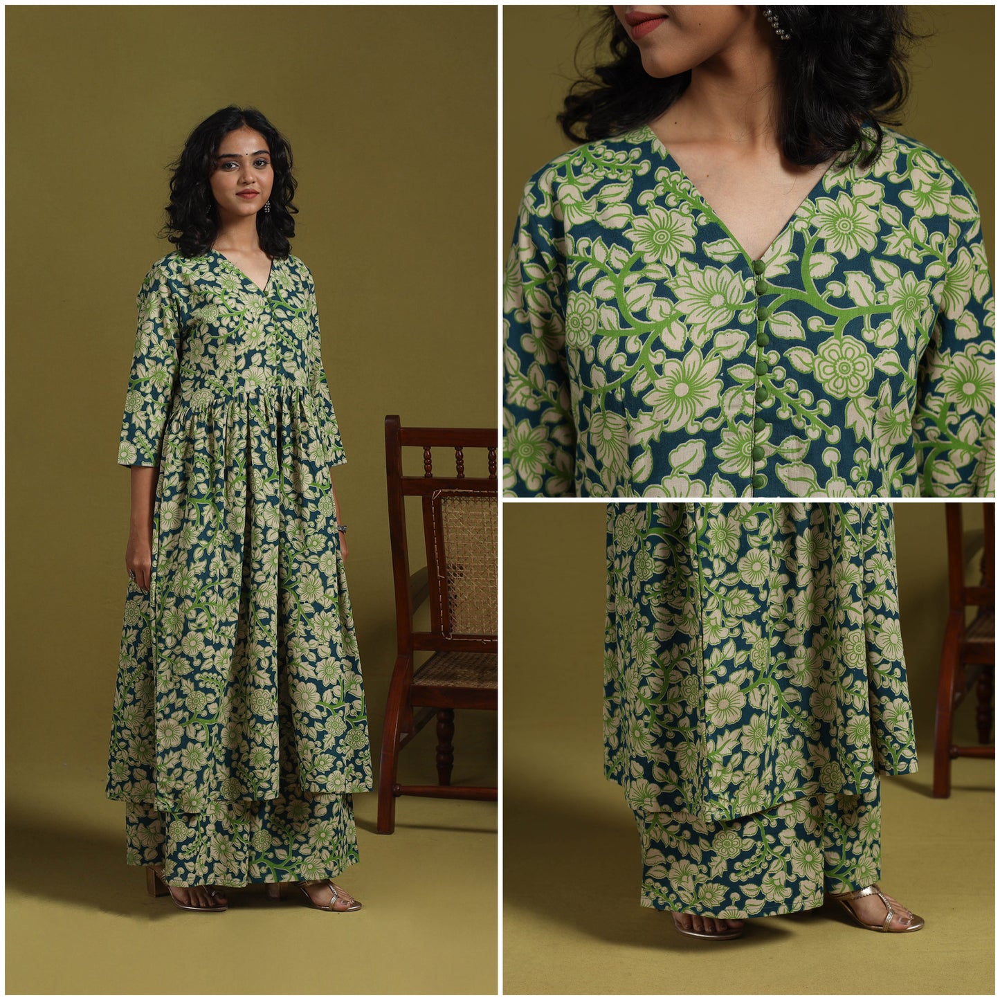 Green - kalamkari printed cotton 2pc kurta set for women 09