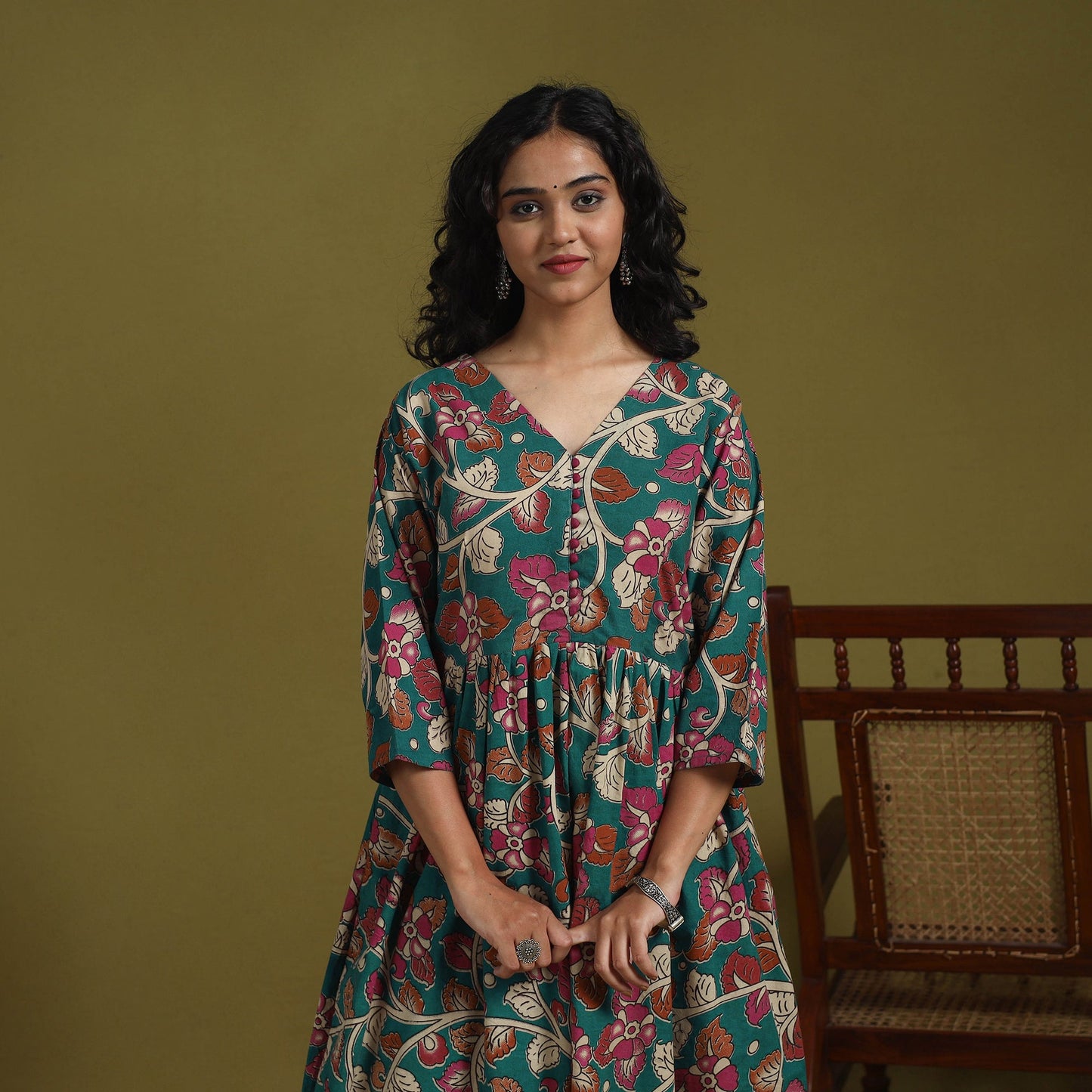 Green - kalamkari printed cotton 2pc kurta set for women 10