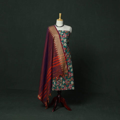 kalamkari silk dress materials Black Handpainted Srikalahasti Pen Work Kalamkari Natural Dyed Bangalore Silk 2pc Unstitched Dress Material Kurta Set