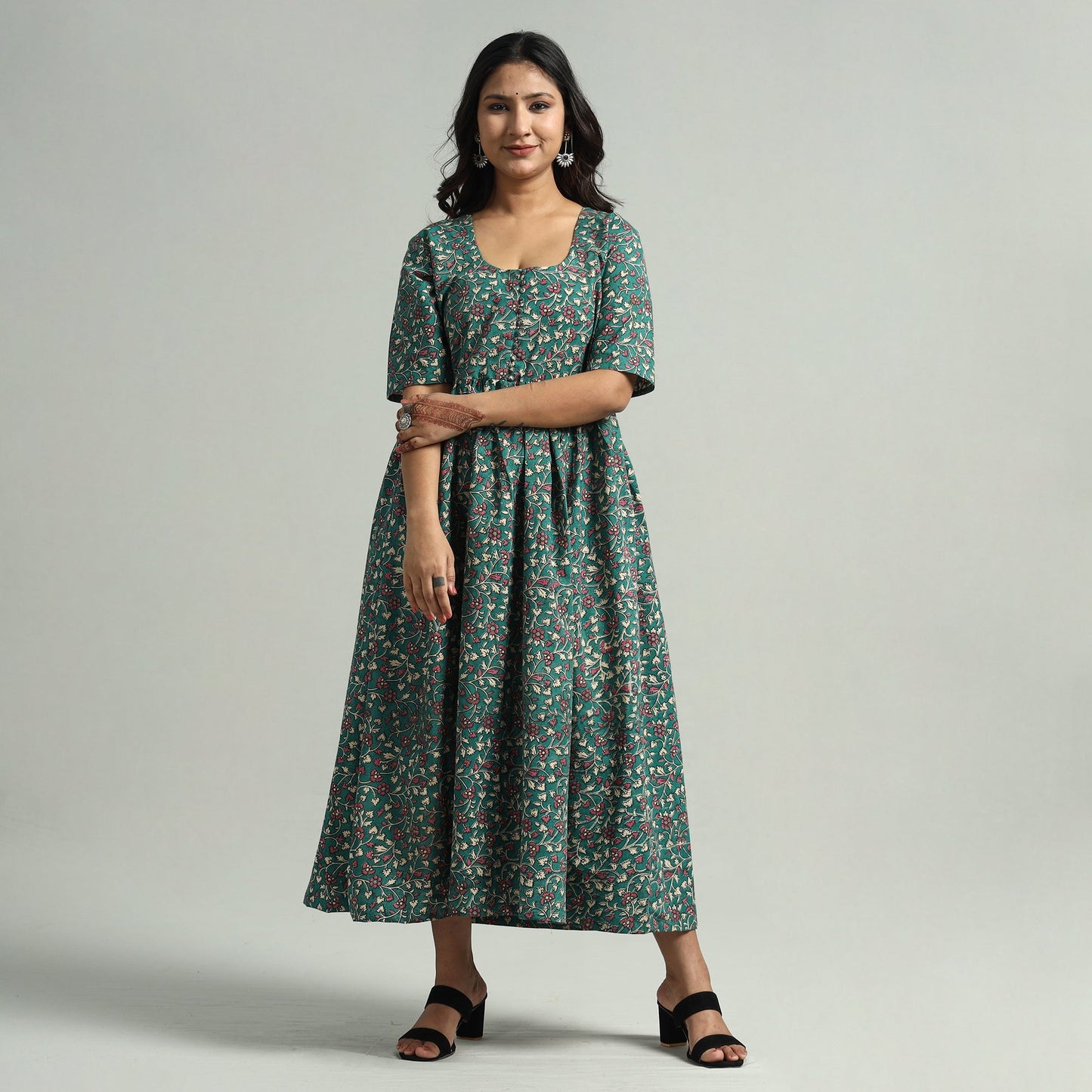  Kalamkari Printed Cotton Flared Gher Dress 