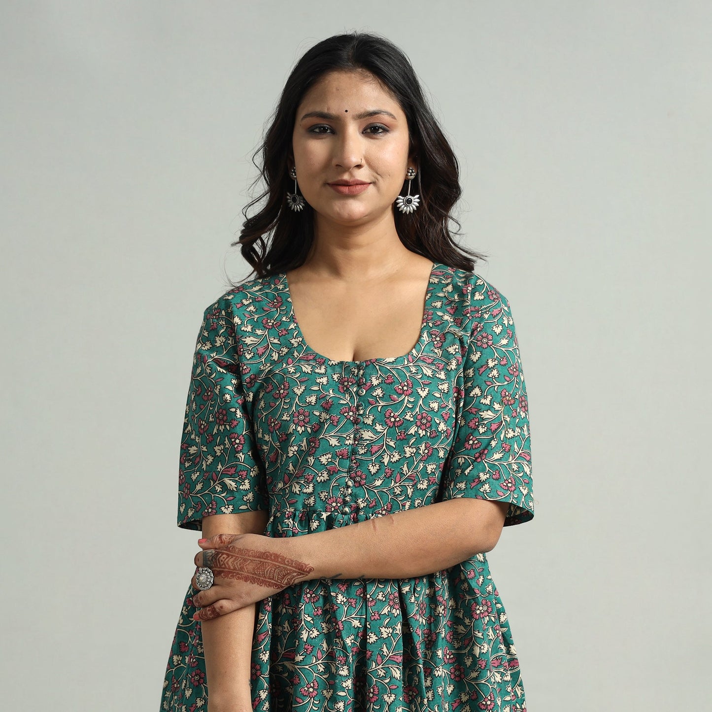  Kalamkari Printed Cotton Flared Gher Dress 
