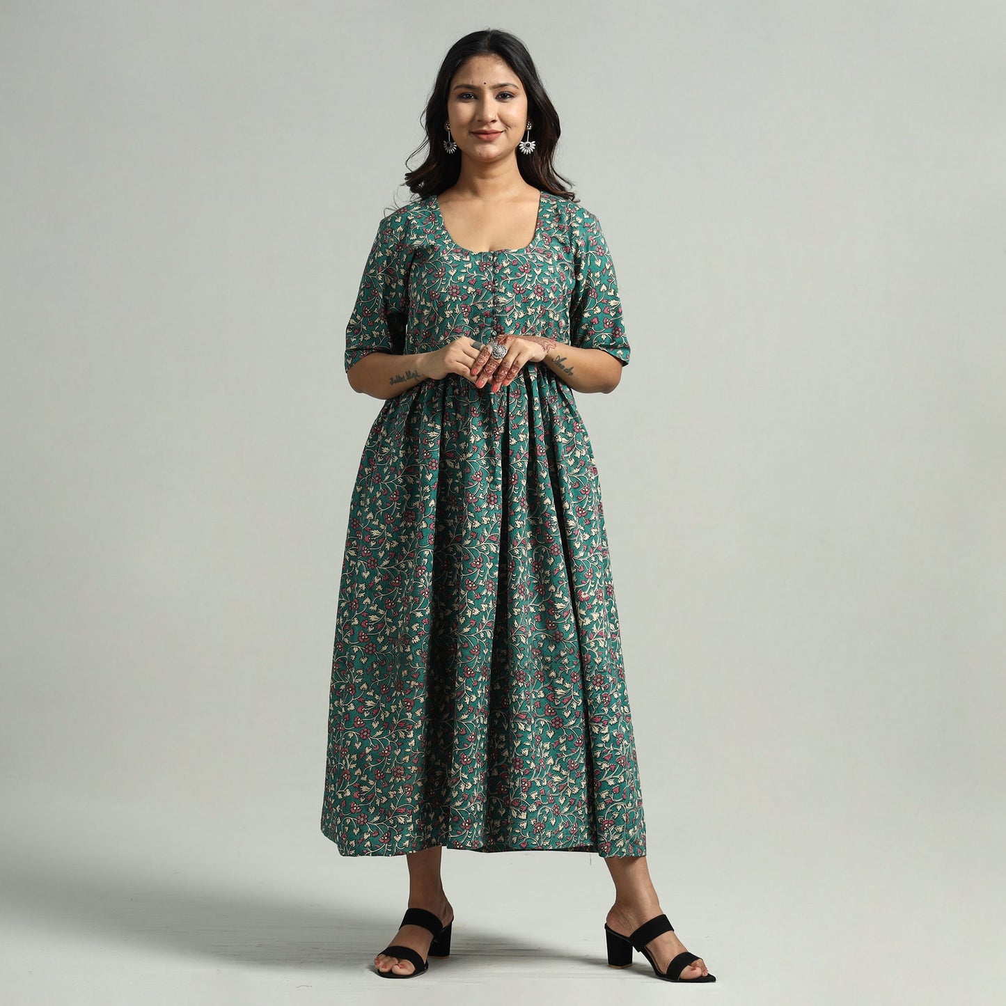  Kalamkari Printed Cotton Flared Gher Dress 