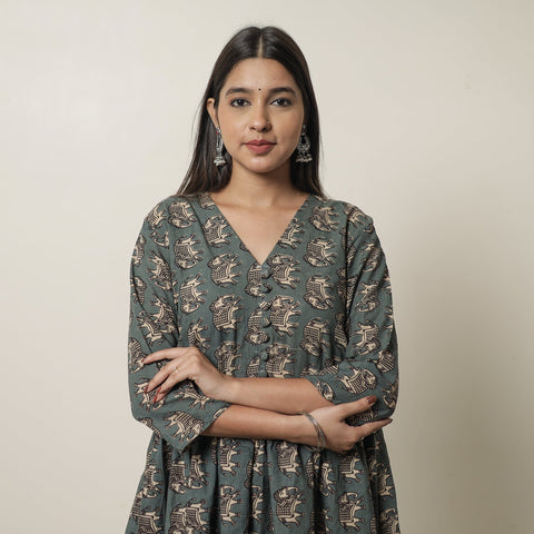  Kalamkari Printed Cotton Flared Kurta For Women
