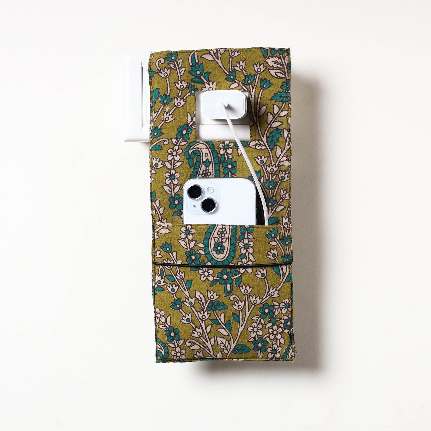 Green Kalamkari Block Printed Cotton Mobile Charging Holder 