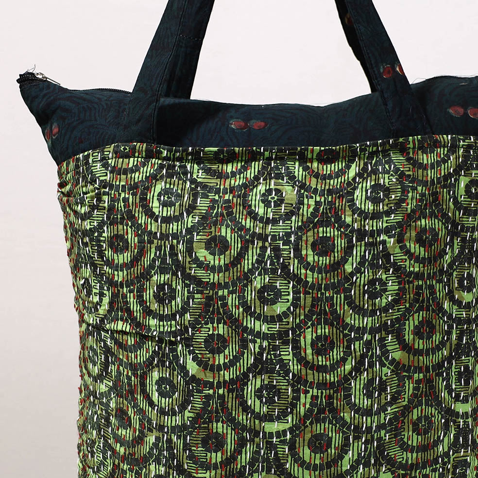 Green Kantha Work Block Print Cotton Shopping Bag