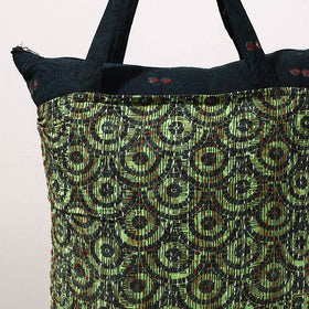 Green Kantha Work Block Print Cotton Shopping Bag