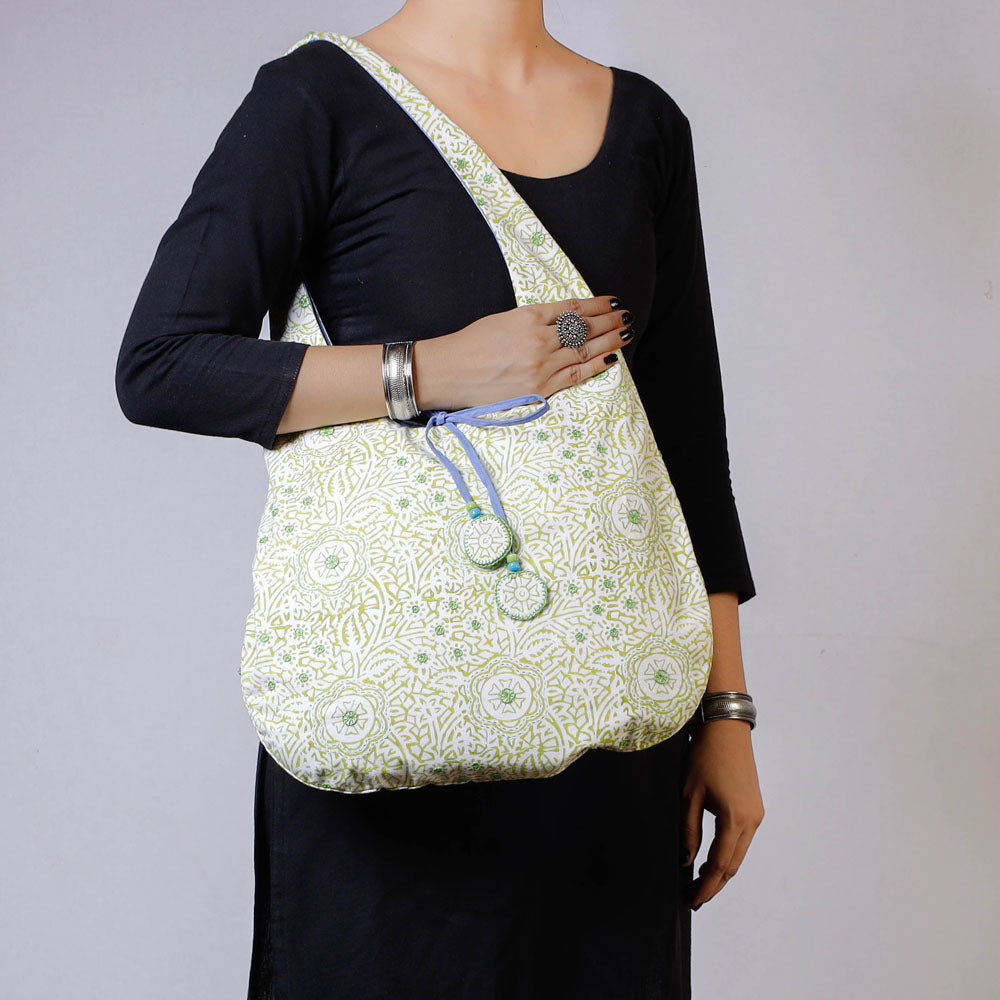Buy Kantha Work Block Print Cotton Shoulder Bag l iTokri.com