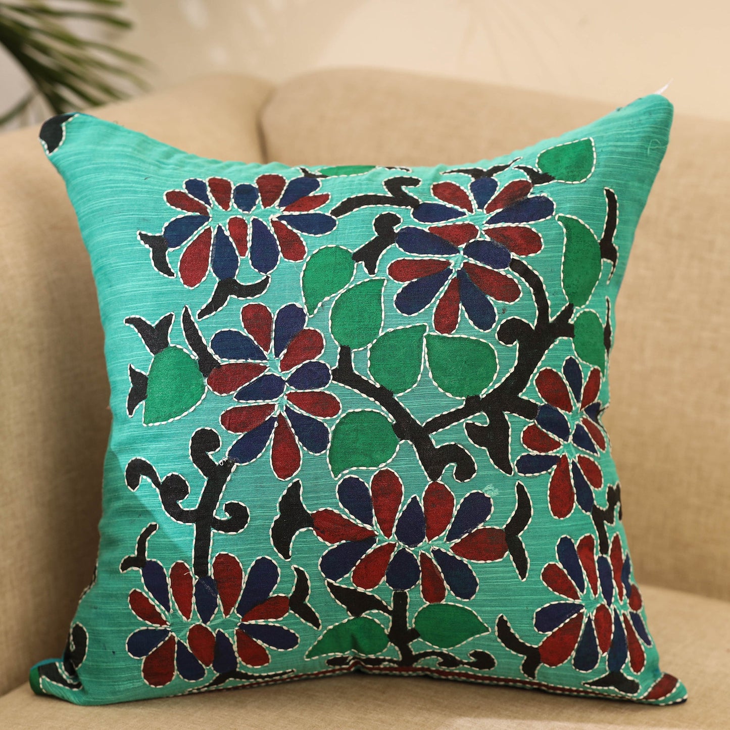 Buy Green Kantha Work Silk Cotton Cushion Cover