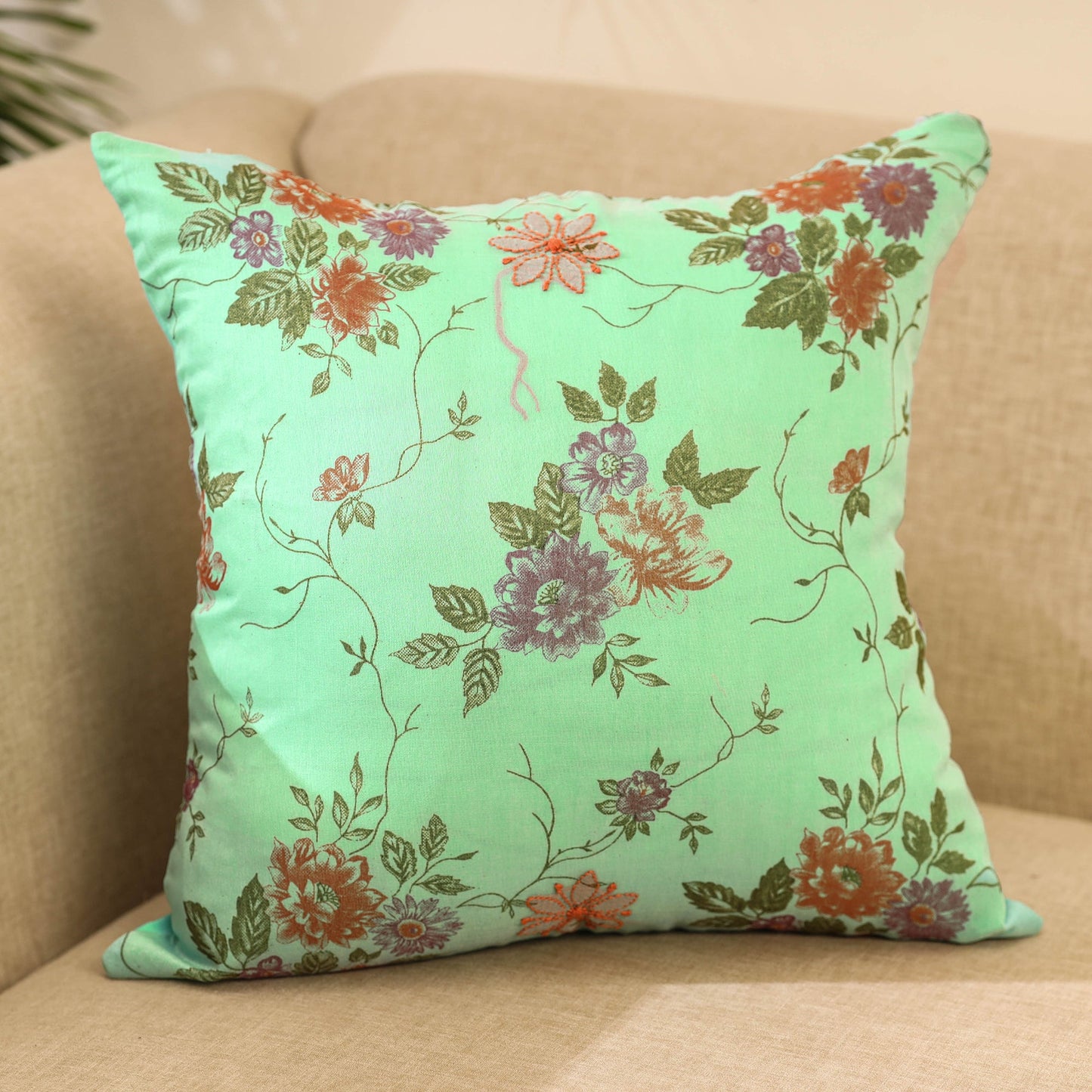 Buy Green Kantha Work Silk Cotton Cushion Cover