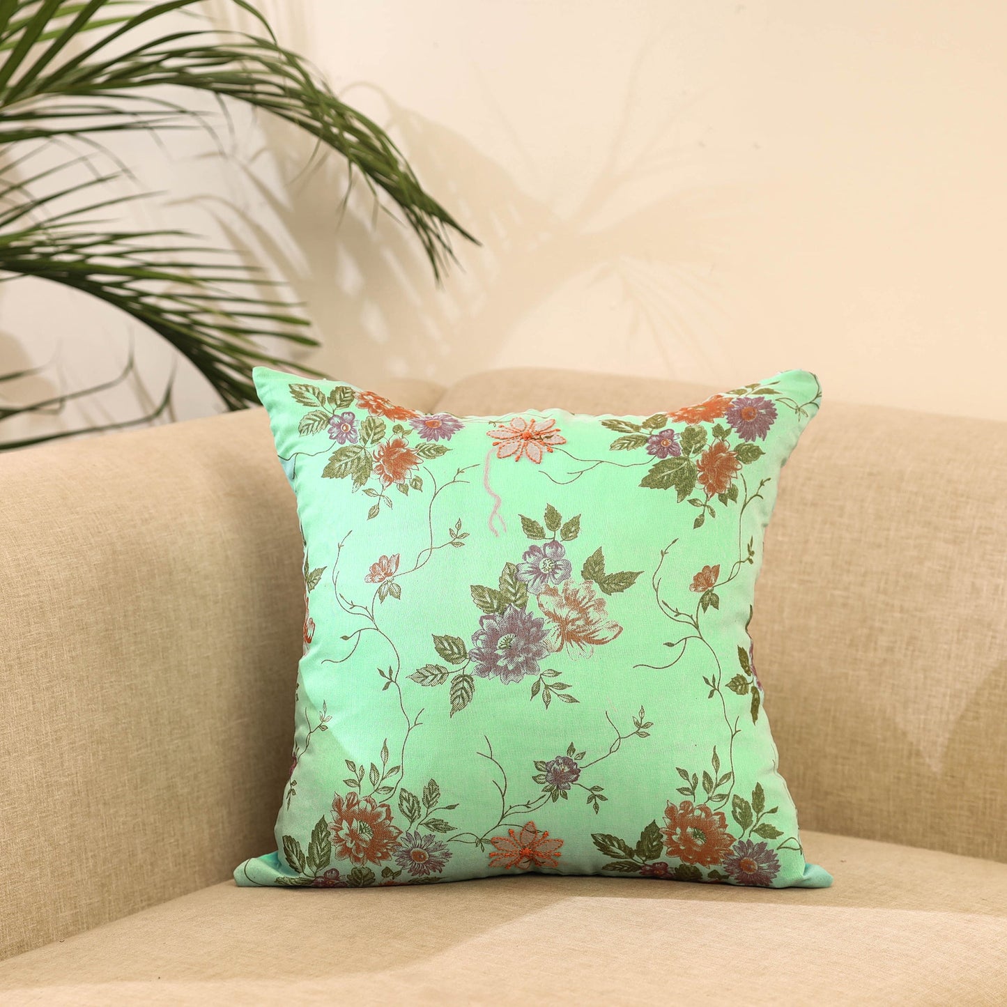 Buy Green Kantha Work Silk Cotton Cushion Cover