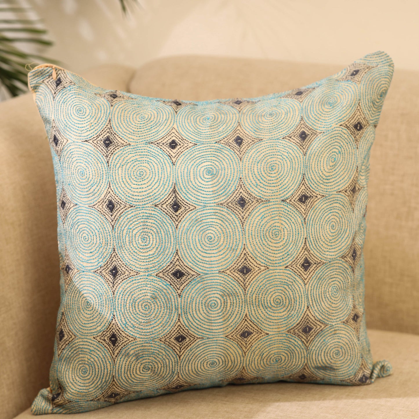 Buy Green Kantha Work Tussar Silk Cushion Cover