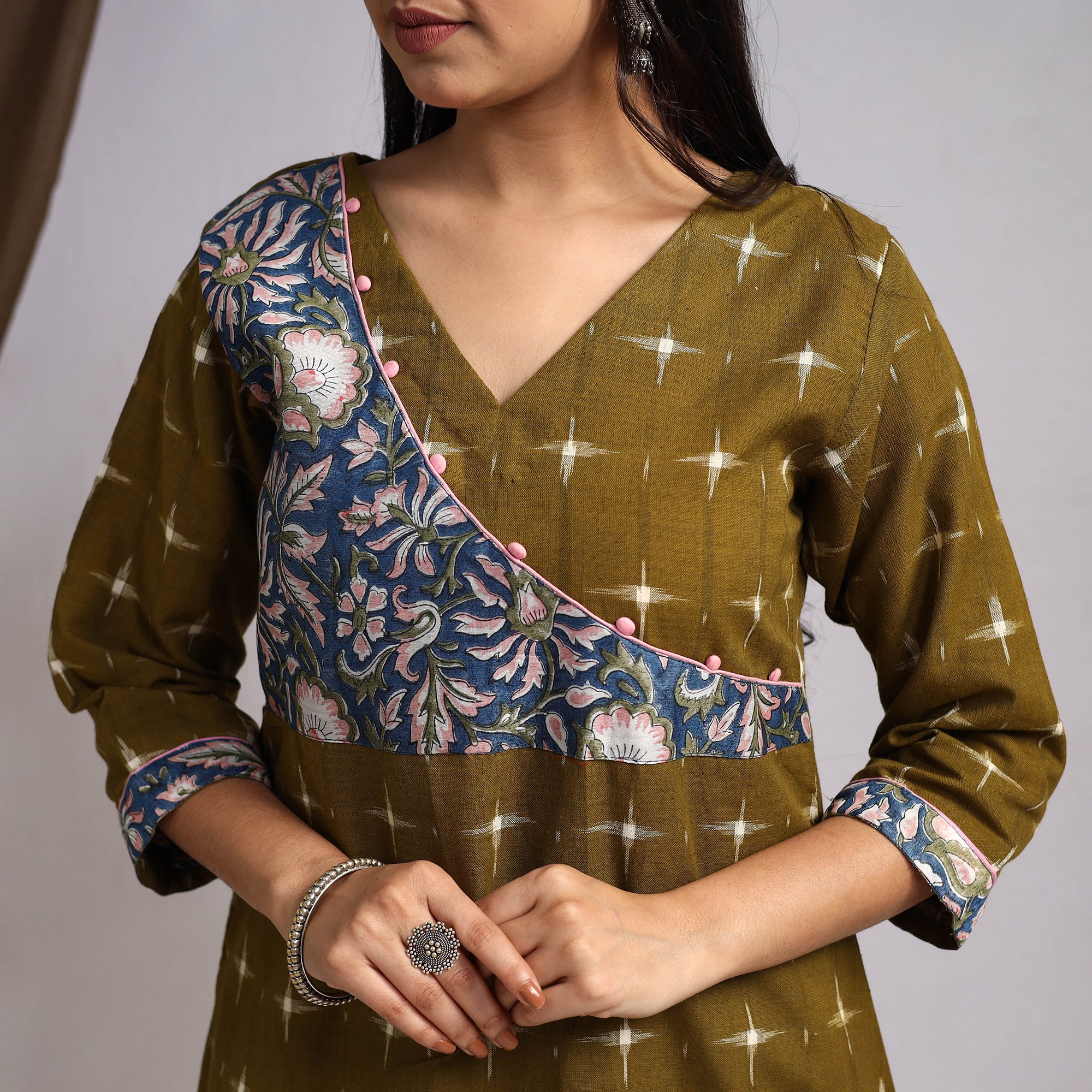 Green Karigari Heritage Patchwork Cotton A-Line Ikat Kurta for Women