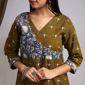 Green Karigari Heritage Patchwork Cotton A-Line Ikat Kurta for Women