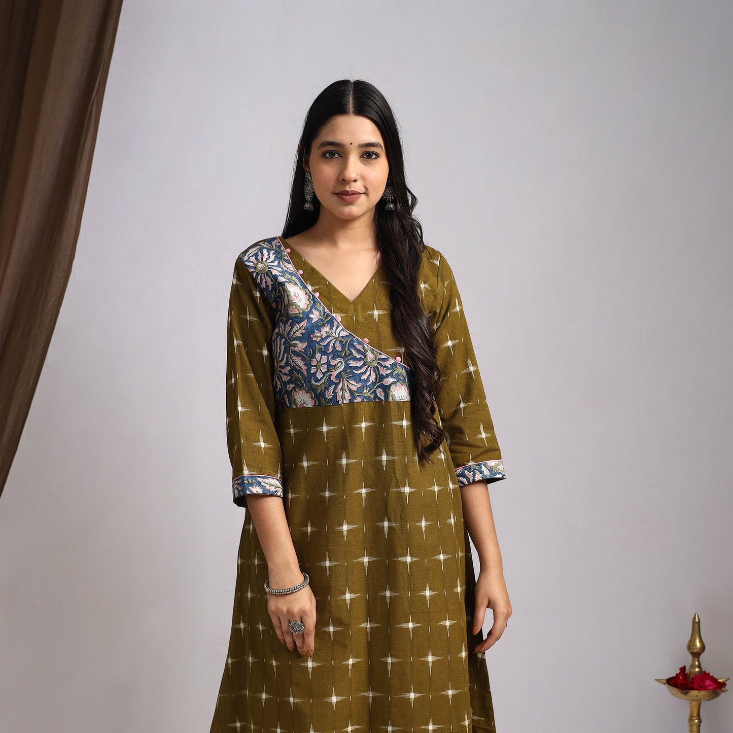 Green Karigari Heritage Patchwork Cotton A-Line Ikat Kurta for Women