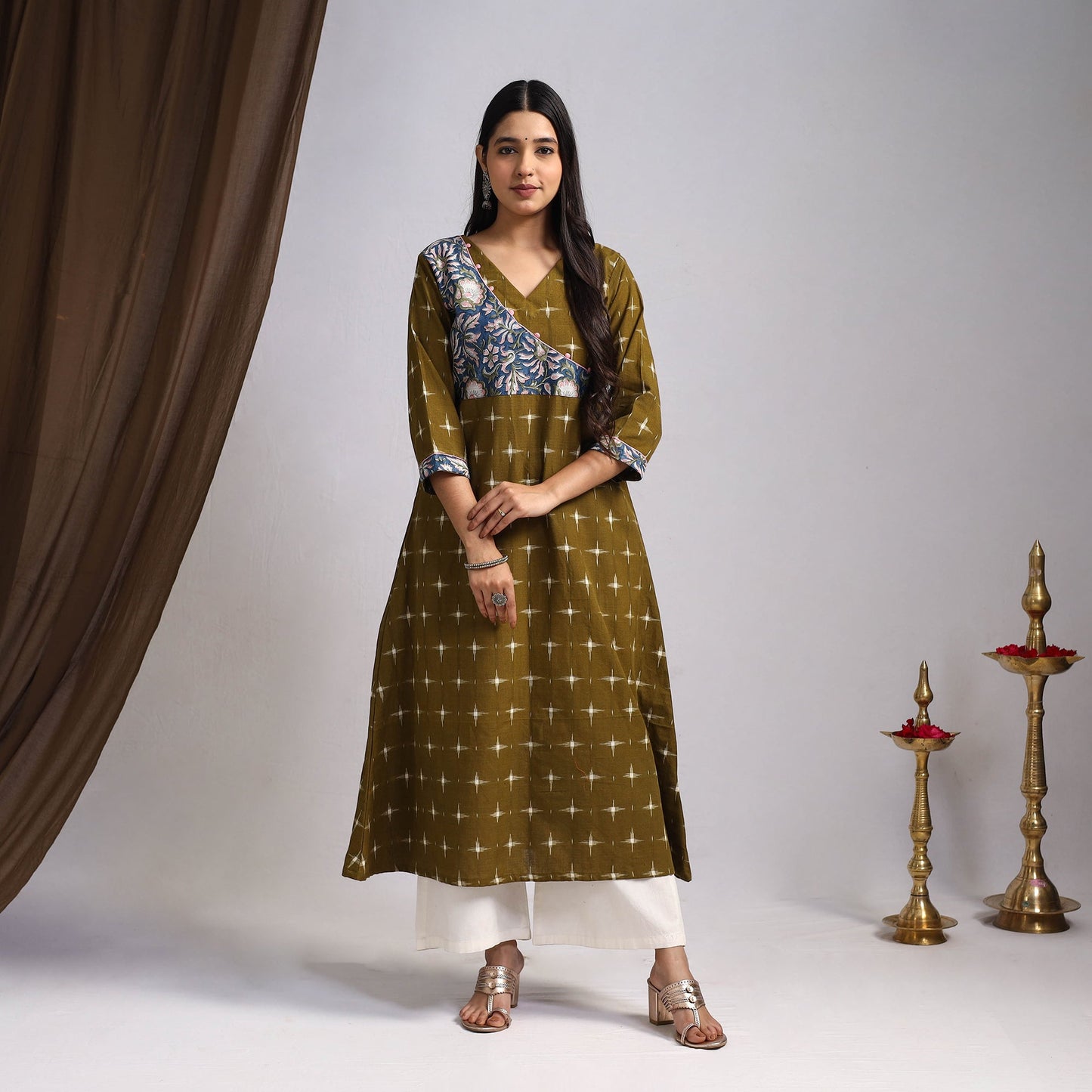 Green Karigari Heritage Patchwork Cotton A-Line Ikat Kurta for Women