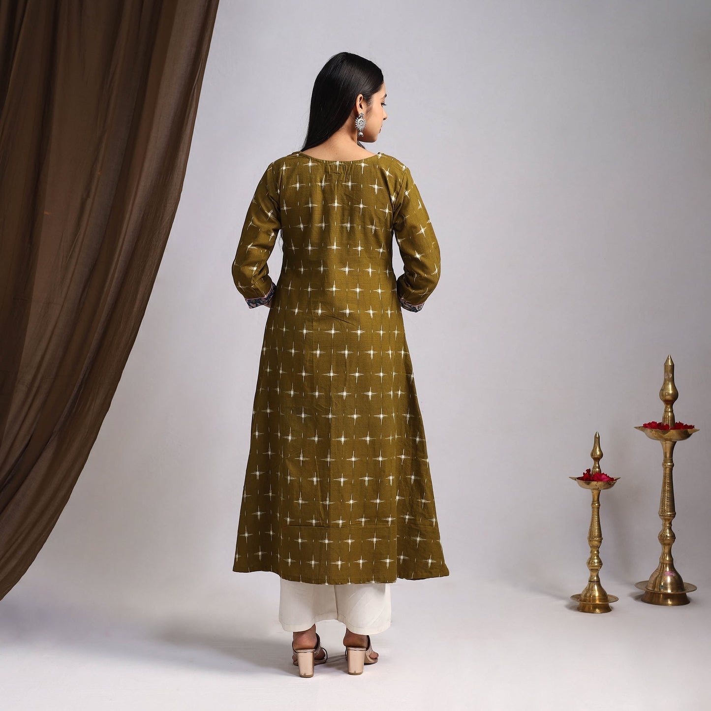 Green Karigari Heritage Patchwork Cotton A-Line Ikat Kurta for Women