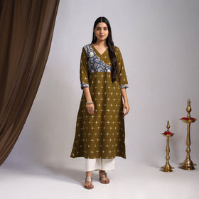 Green Karigari Heritage Patchwork Cotton A-Line Ikat Kurta for Women