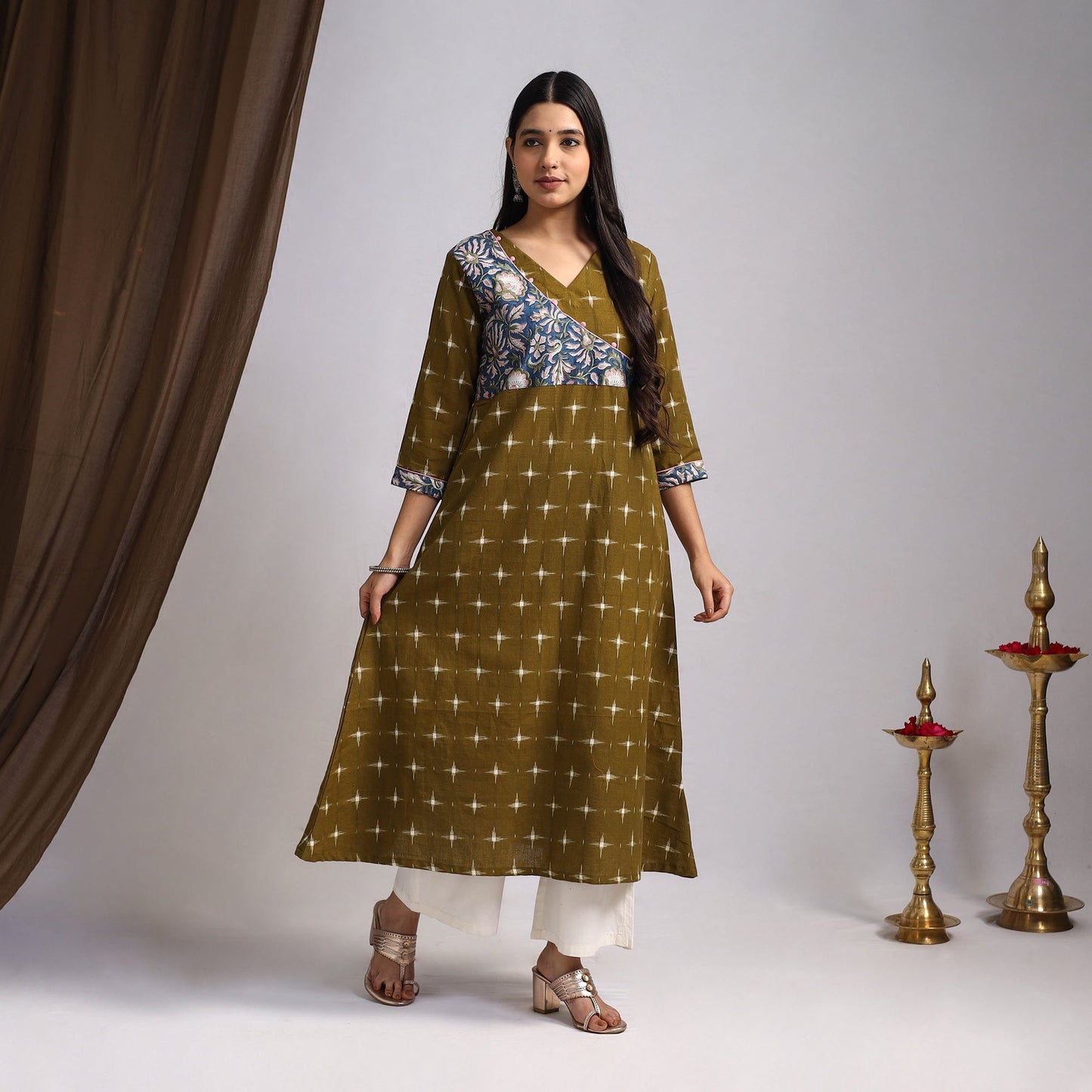 Green Karigari Heritage Patchwork Cotton A-Line Ikat Kurta for Women