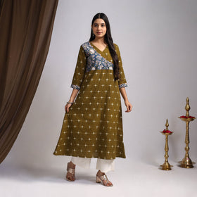 Green Karigari Heritage Patchwork Cotton A-Line Ikat Kurta for Women