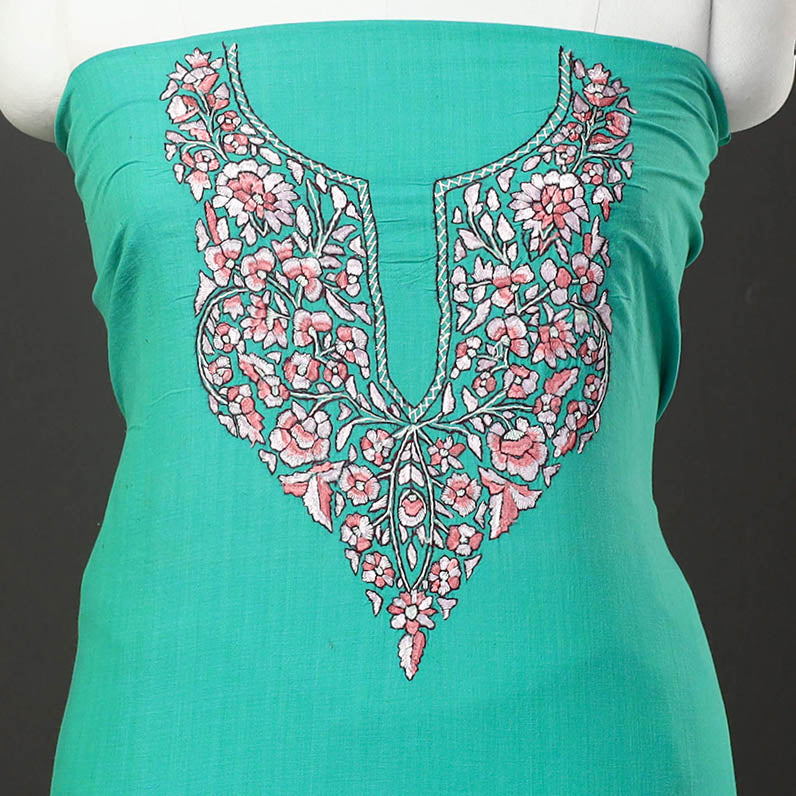 Green - kashida hand embroidery cotton unstitched kurta