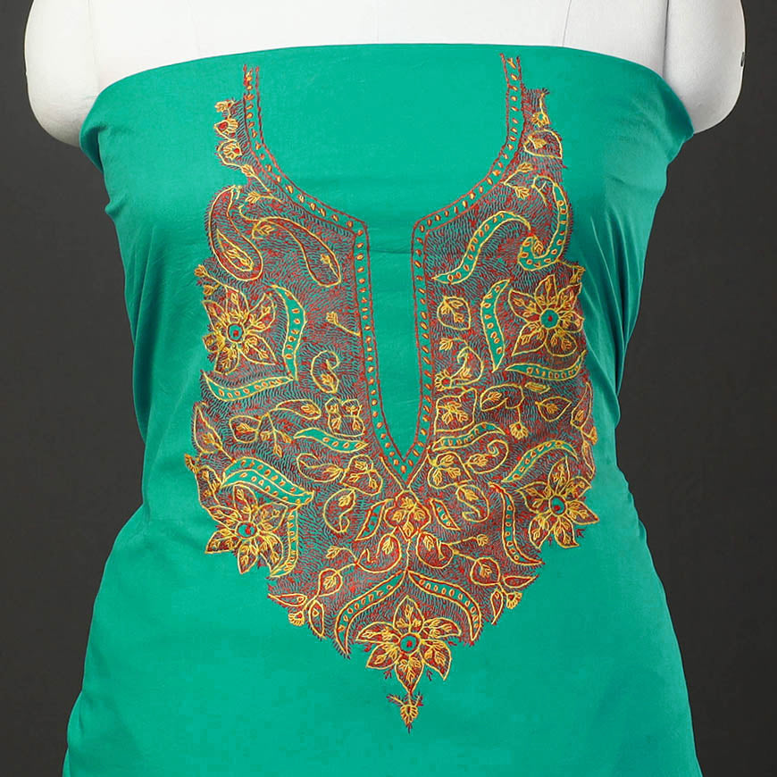  Green Kashida Hand Embroidery Cotton Kurta Material
