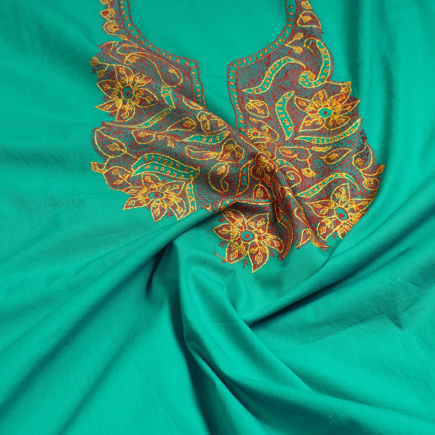  Green Kashida Hand Embroidery Cotton Kurta Material