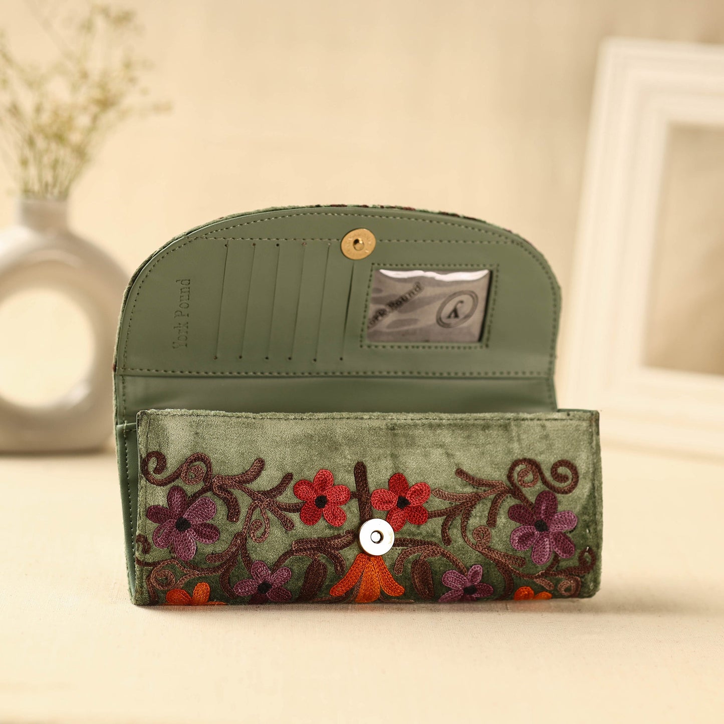  Green Kashmiri Crewel Hand Embroidery Velvet Travel Wallet