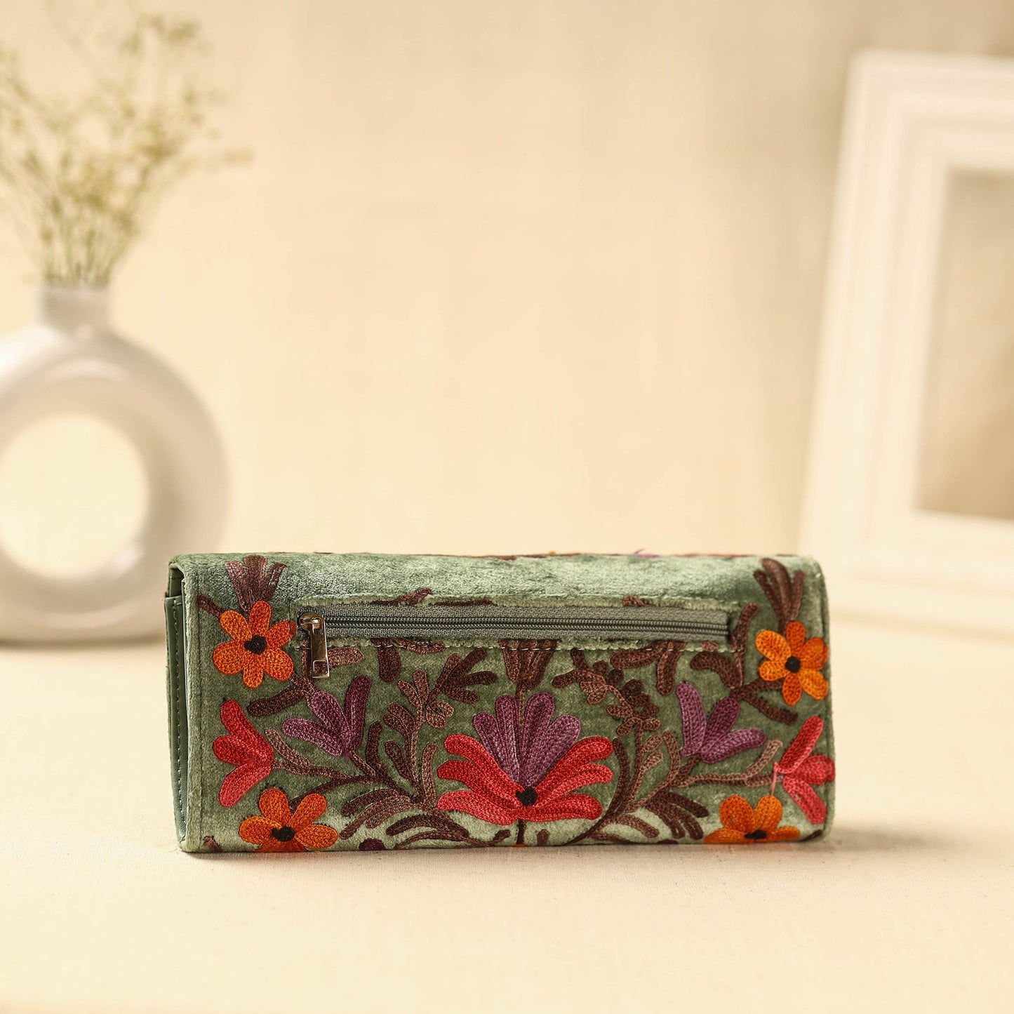  Green Kashmiri Crewel Hand Embroidery Velvet Travel Wallet