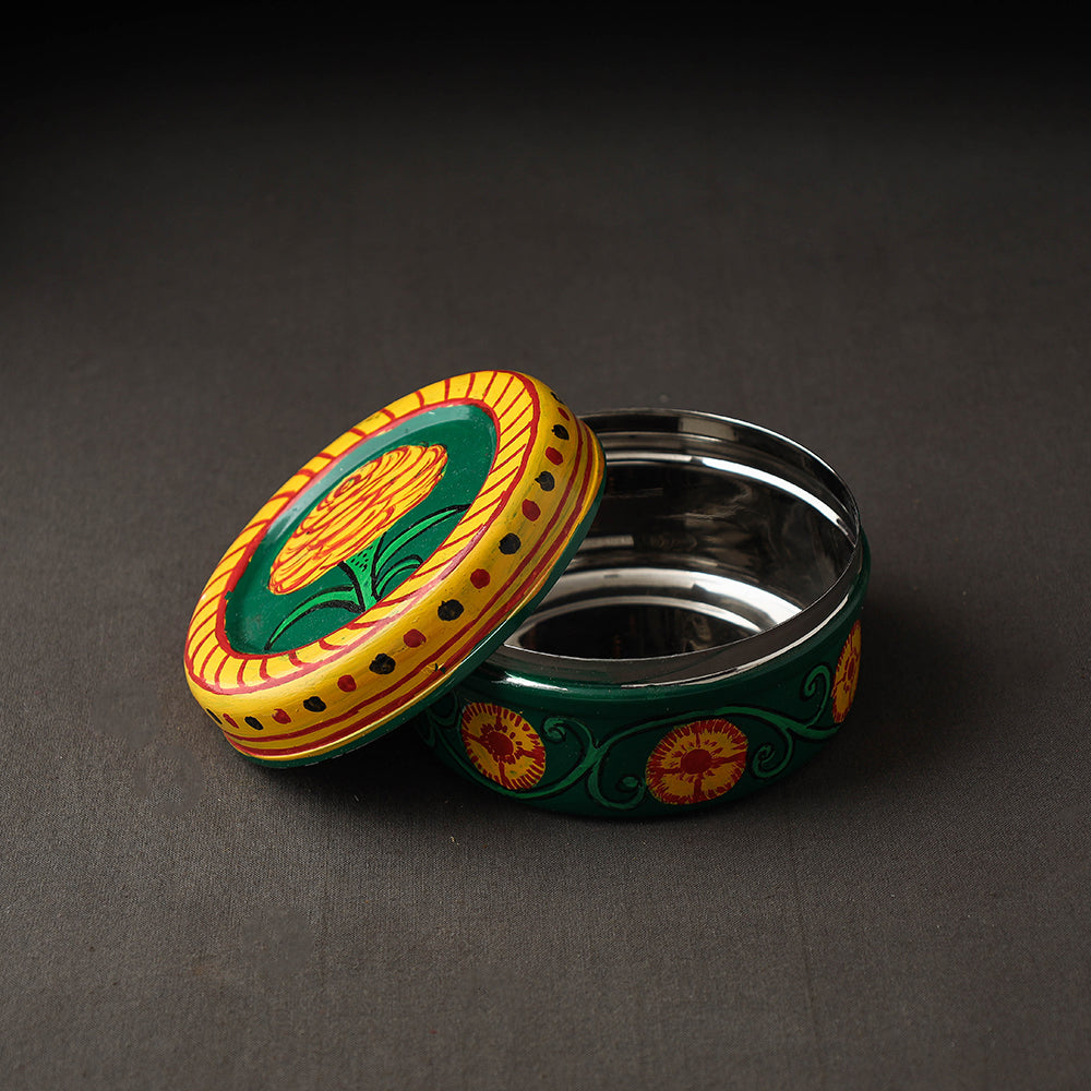 Green  Kavad Handpainted Stainless Steel Multi Utility Container 