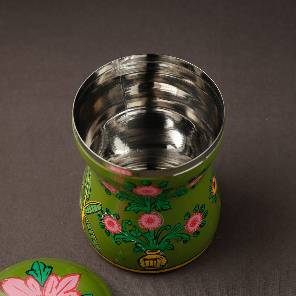 Green Kavad Handpainted Stainless Steel Multi Utility Canister