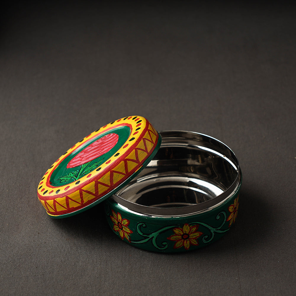 Green Kavad Handpainted Stainless Steel Multi Utility Container