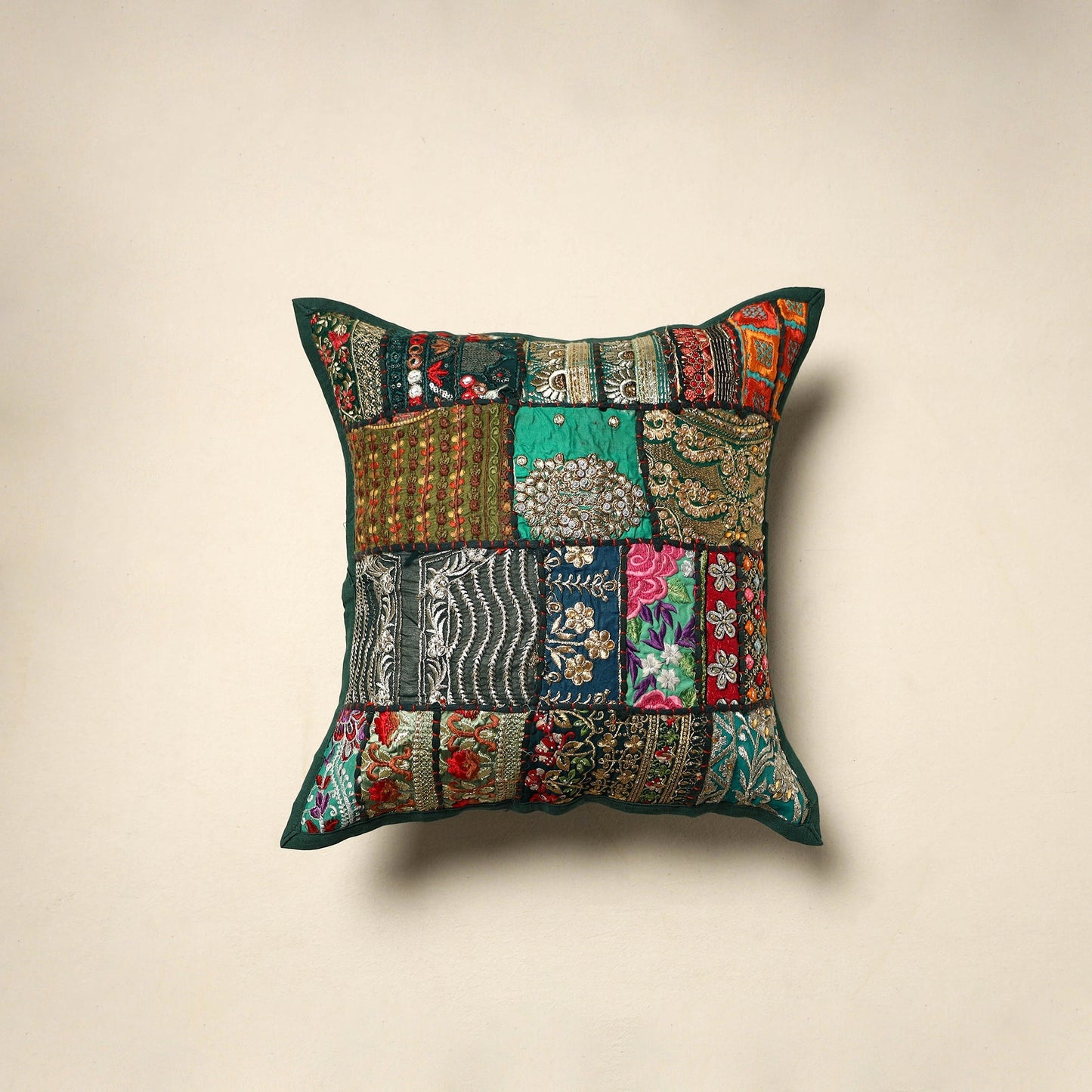 Khambadiya patchwork hand embroidery cushion cover (16 x 16