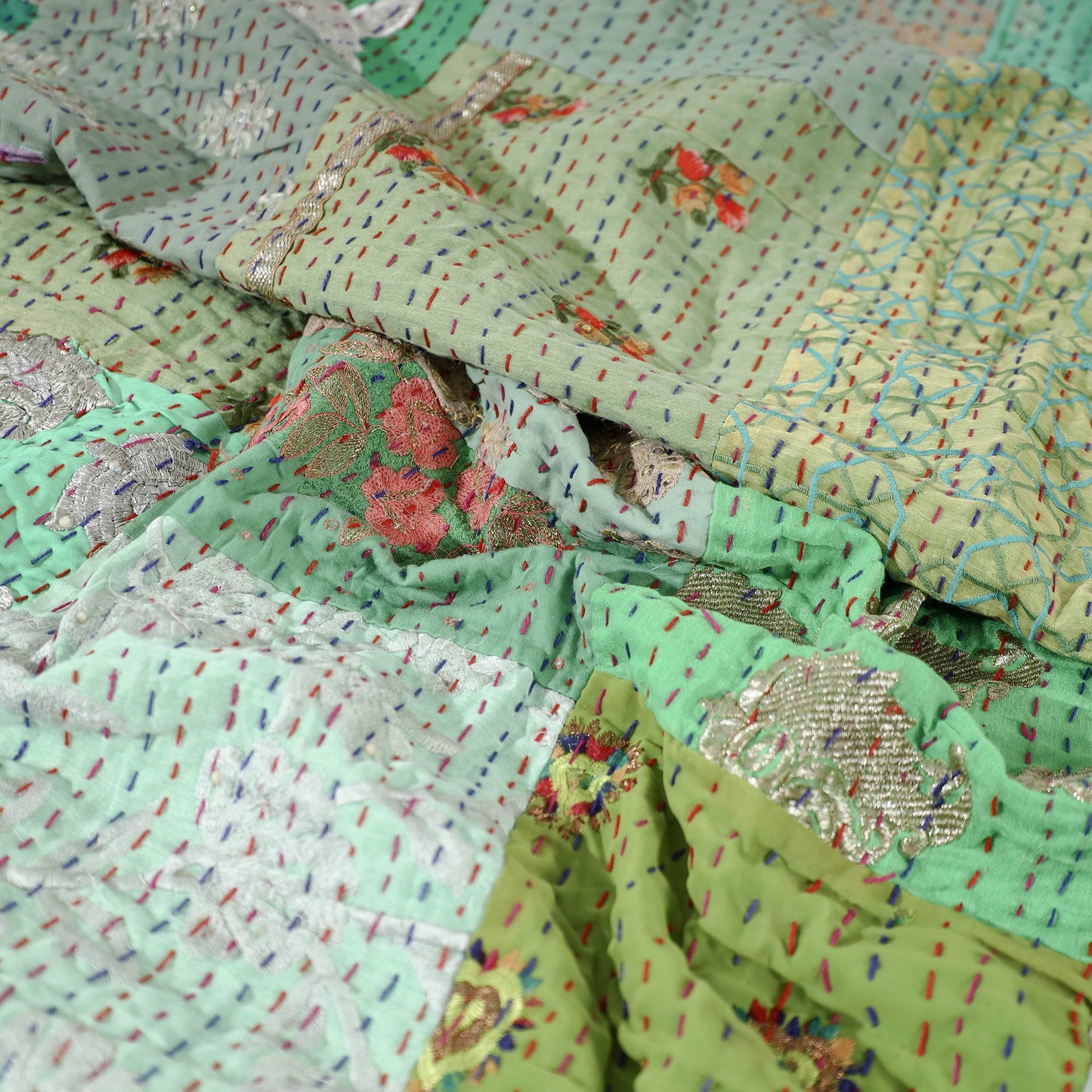 Green Khambadiya Patchwork Patola Silk Cotton Quilt / Gudri / Blanket