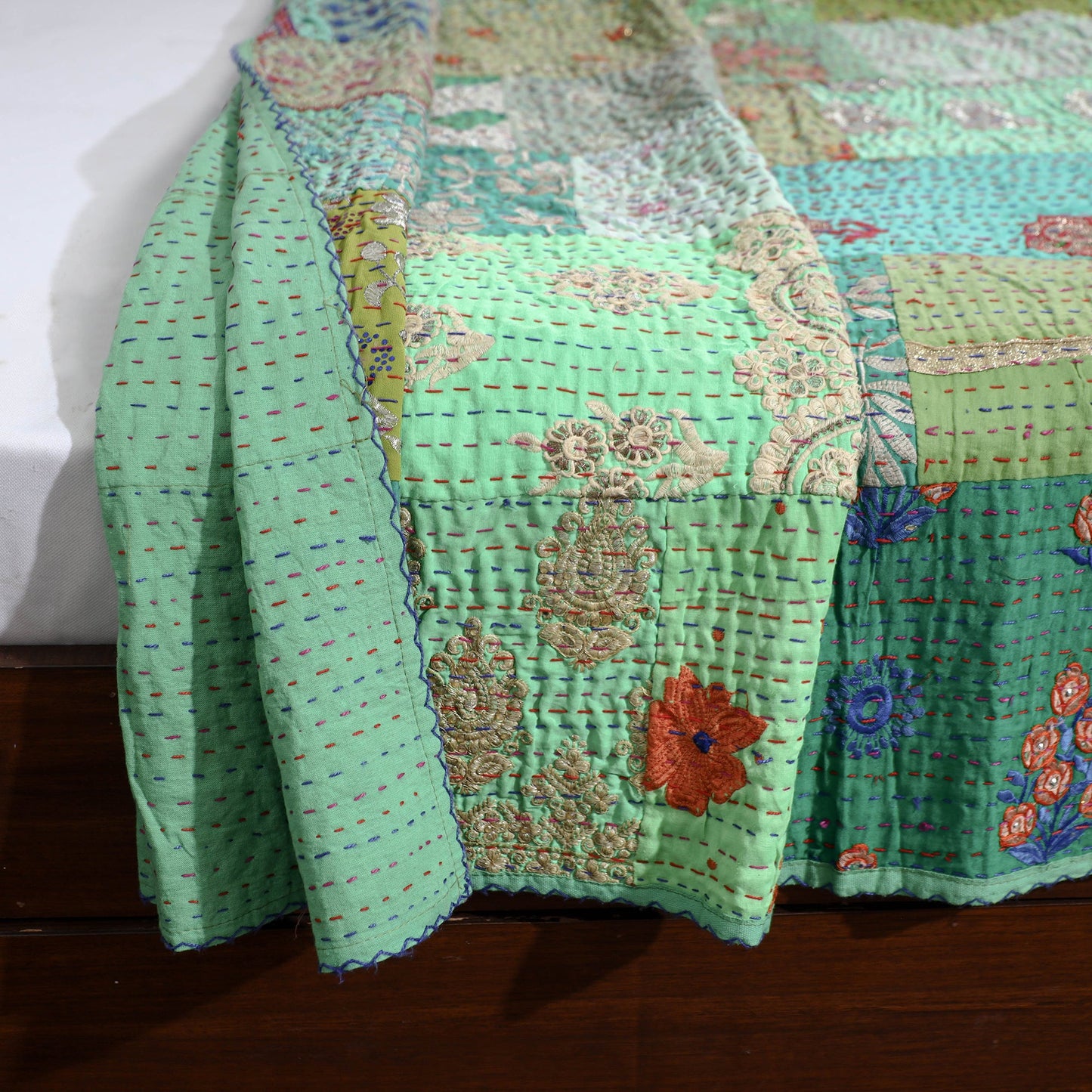 Green Khambadiya Patchwork Patola Silk Cotton Quilt / Gudri / Blanket