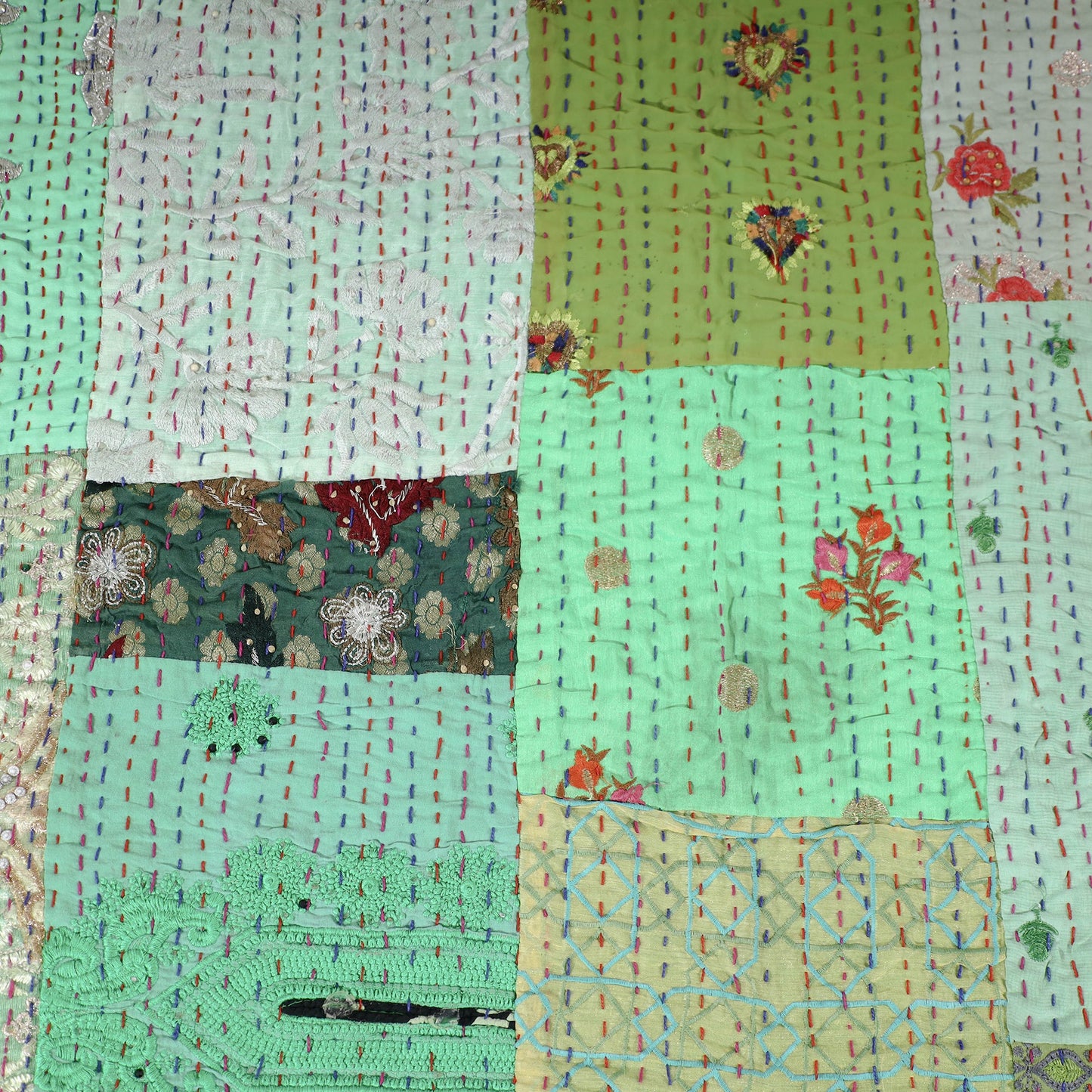 Green Khambadiya Patchwork Patola Silk Cotton Quilt / Gudri / Blanket
