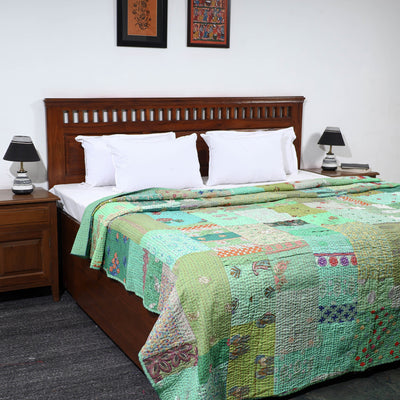 Green Khambadiya Patchwork Patola Silk Cotton Quilt / Gudri / Blanket