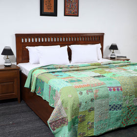 Green Khambadiya Patchwork Patola Silk Cotton Quilt / Gudri / Blanket
