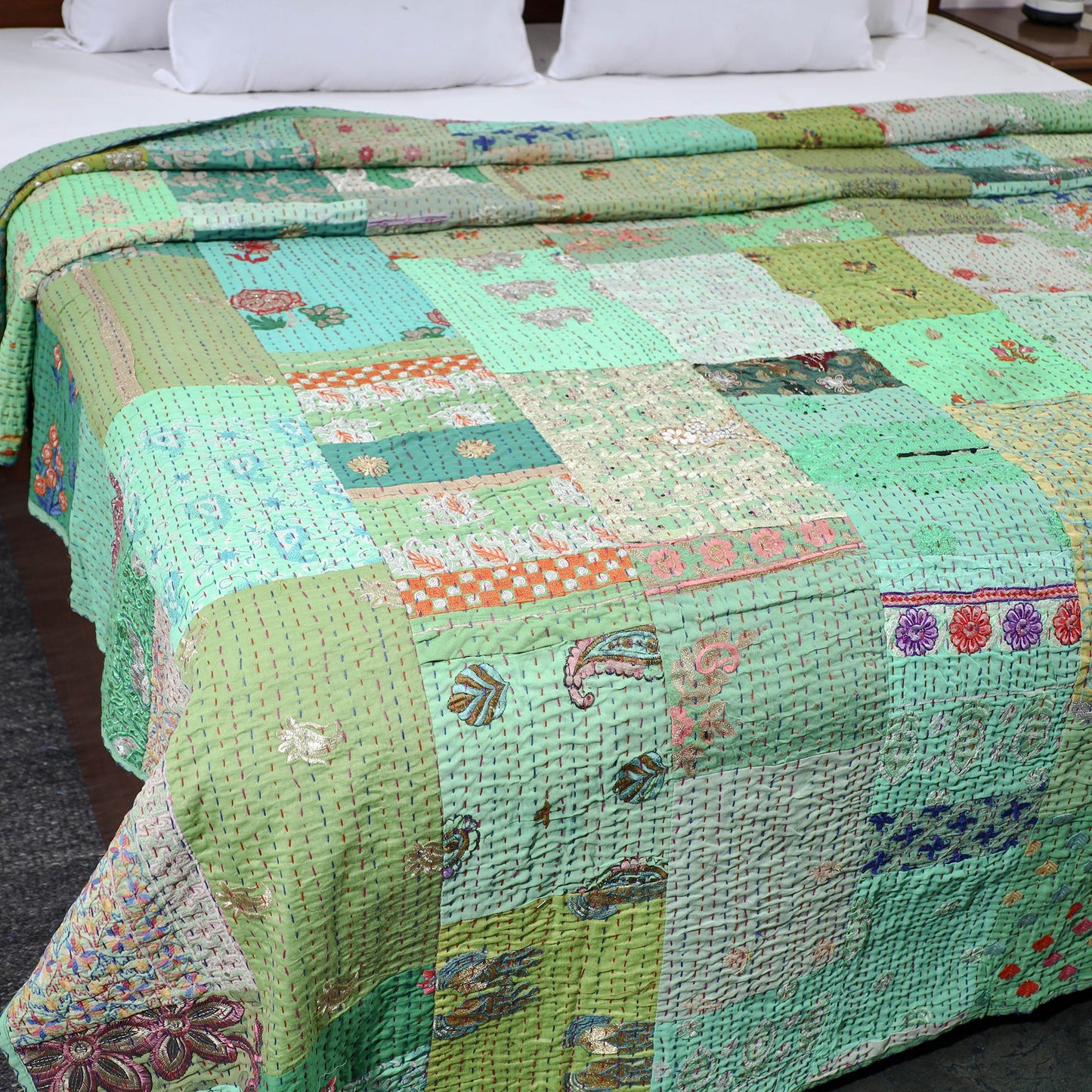 Green Khambadiya Patchwork Patola Silk Cotton Quilt / Gudri / Blanket