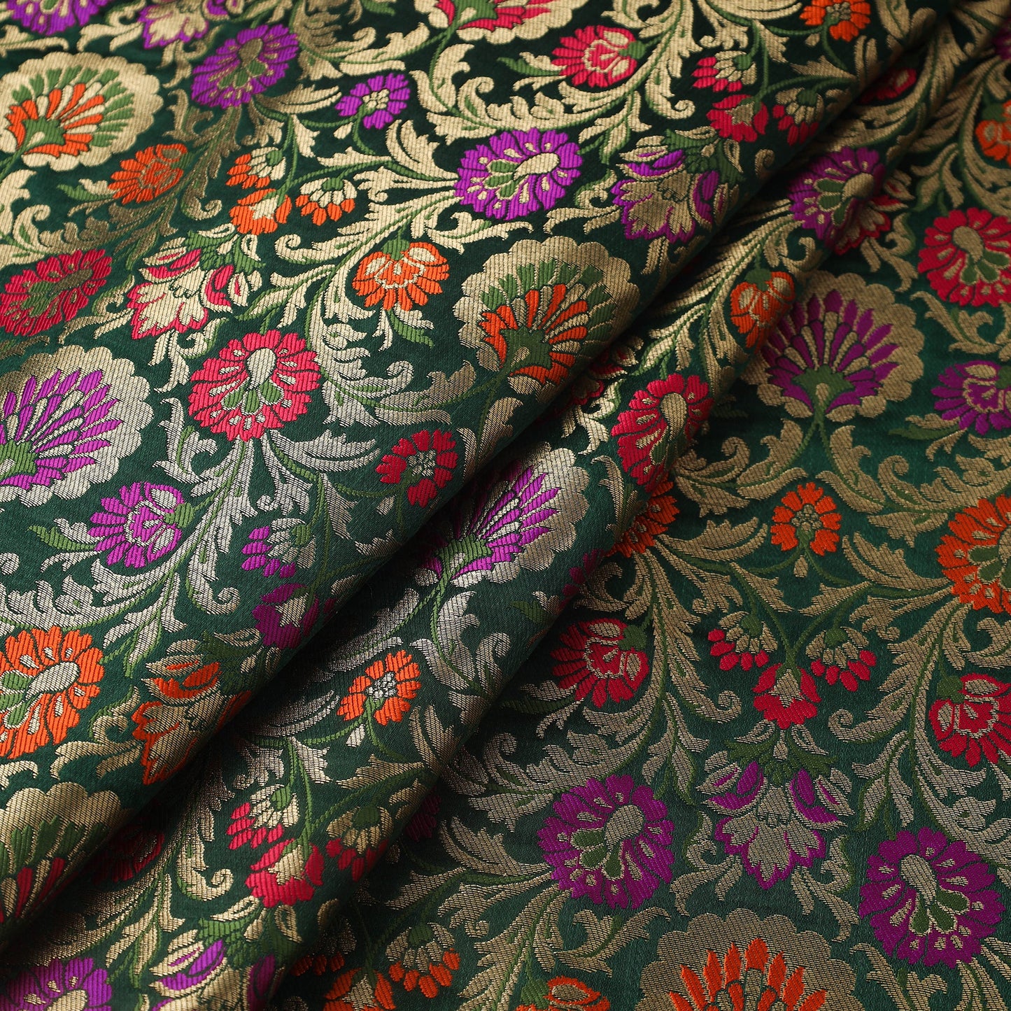 Green Art Silk Gold Zari Kimkhab Banarasi Brocade Fabric