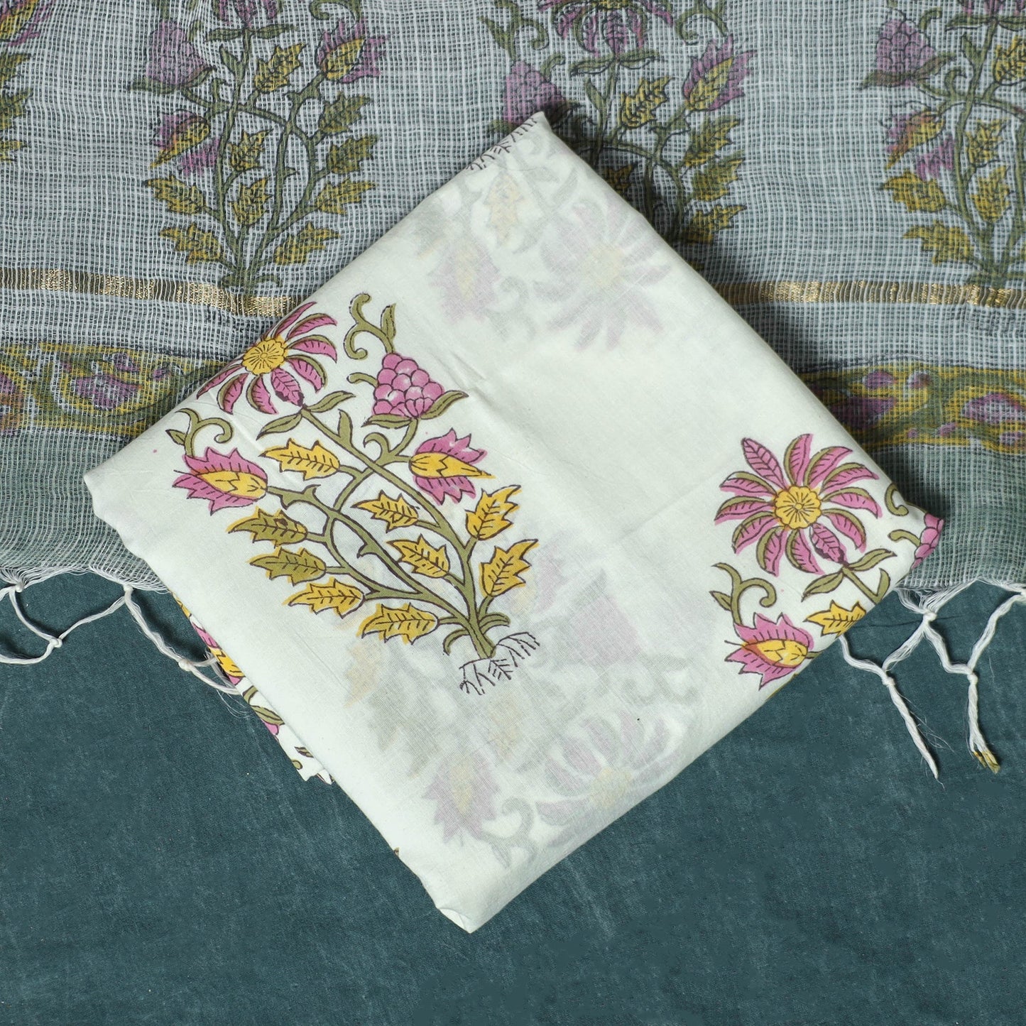 Kota doria cotton hand block sanganeri print 3pc unstitched