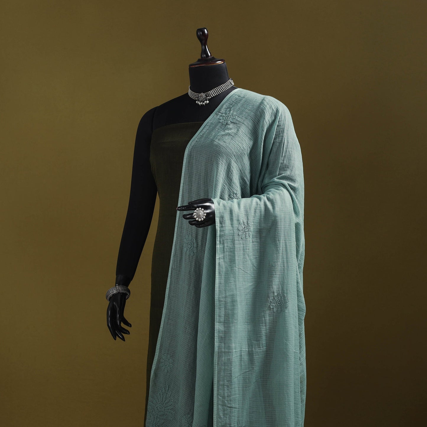 Green - kota doria cotton hand embroidered lucknowi