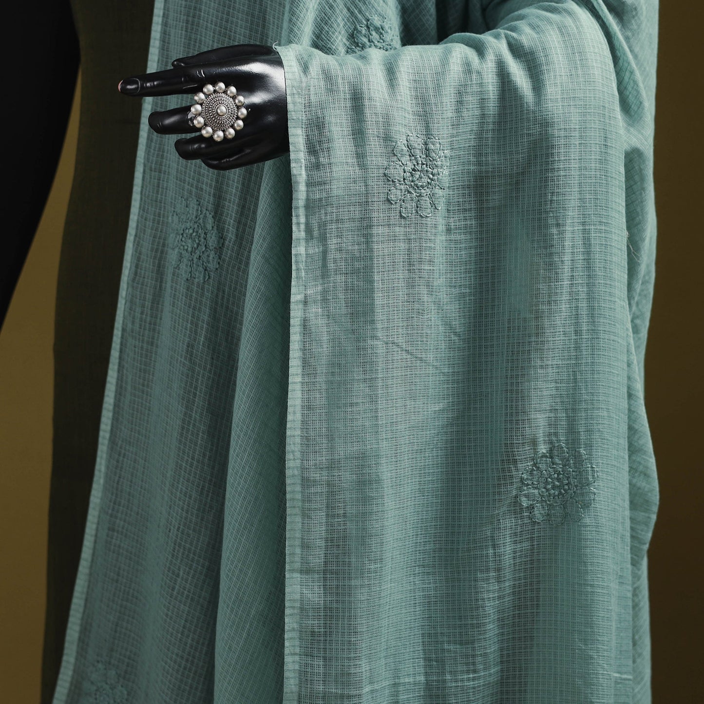 Green - kota doria cotton hand embroidered lucknowi