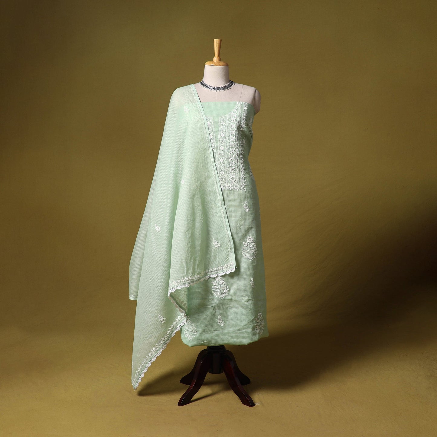 Green - kota doria cotton lucknow chikankari 2pc unstitched