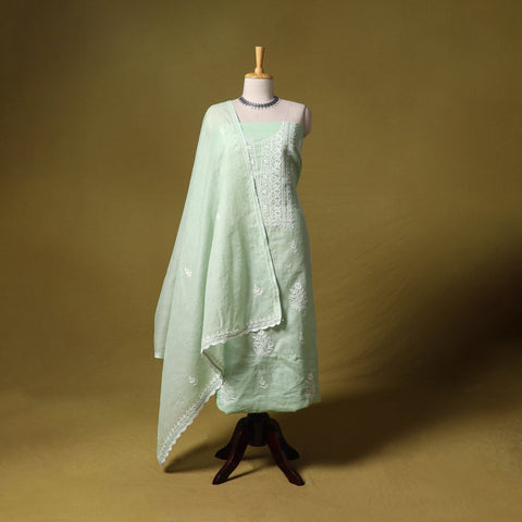 Green - kota doria cotton lucknow chikankari 2pc unstitched