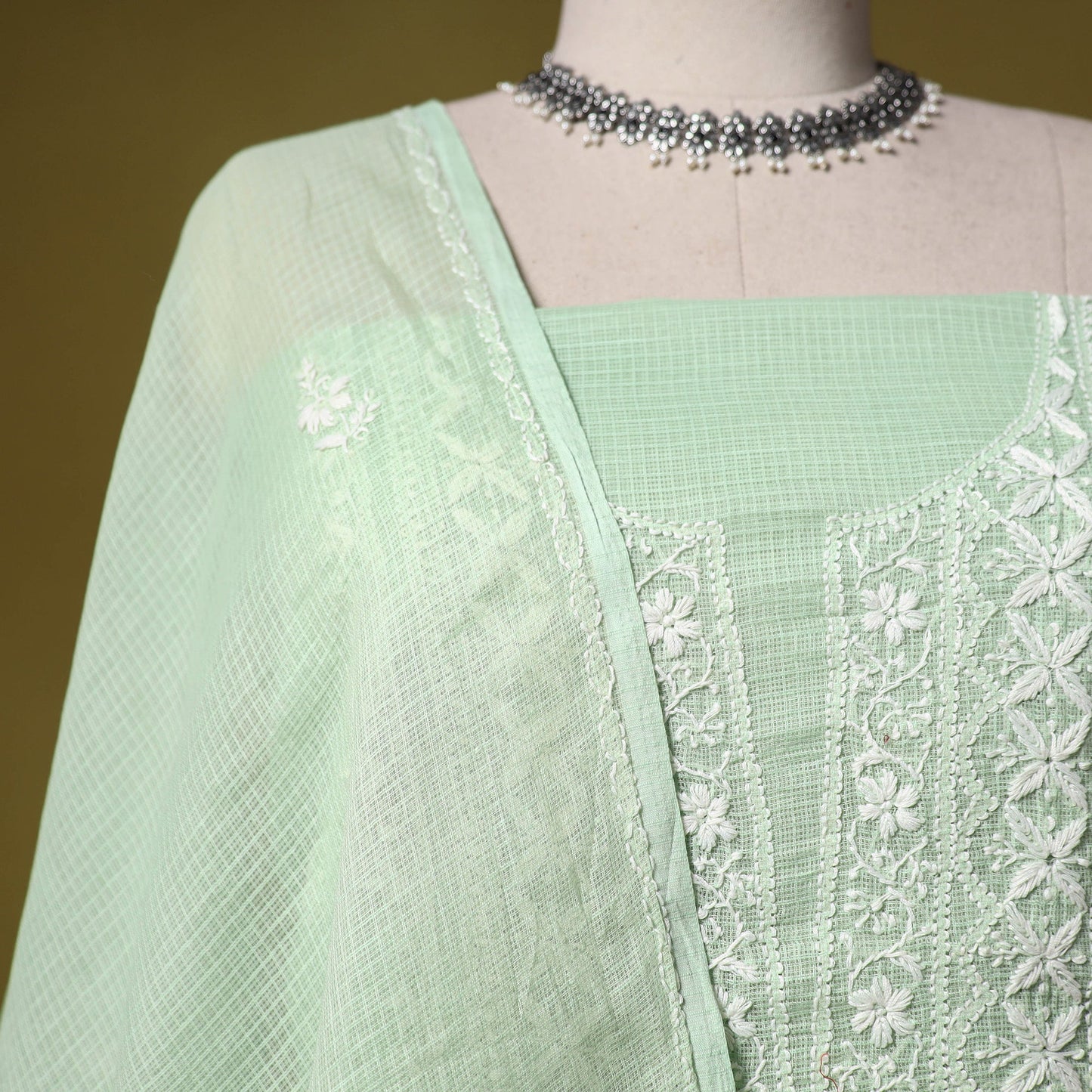 Green - kota doria cotton lucknow chikankari 2pc unstitched