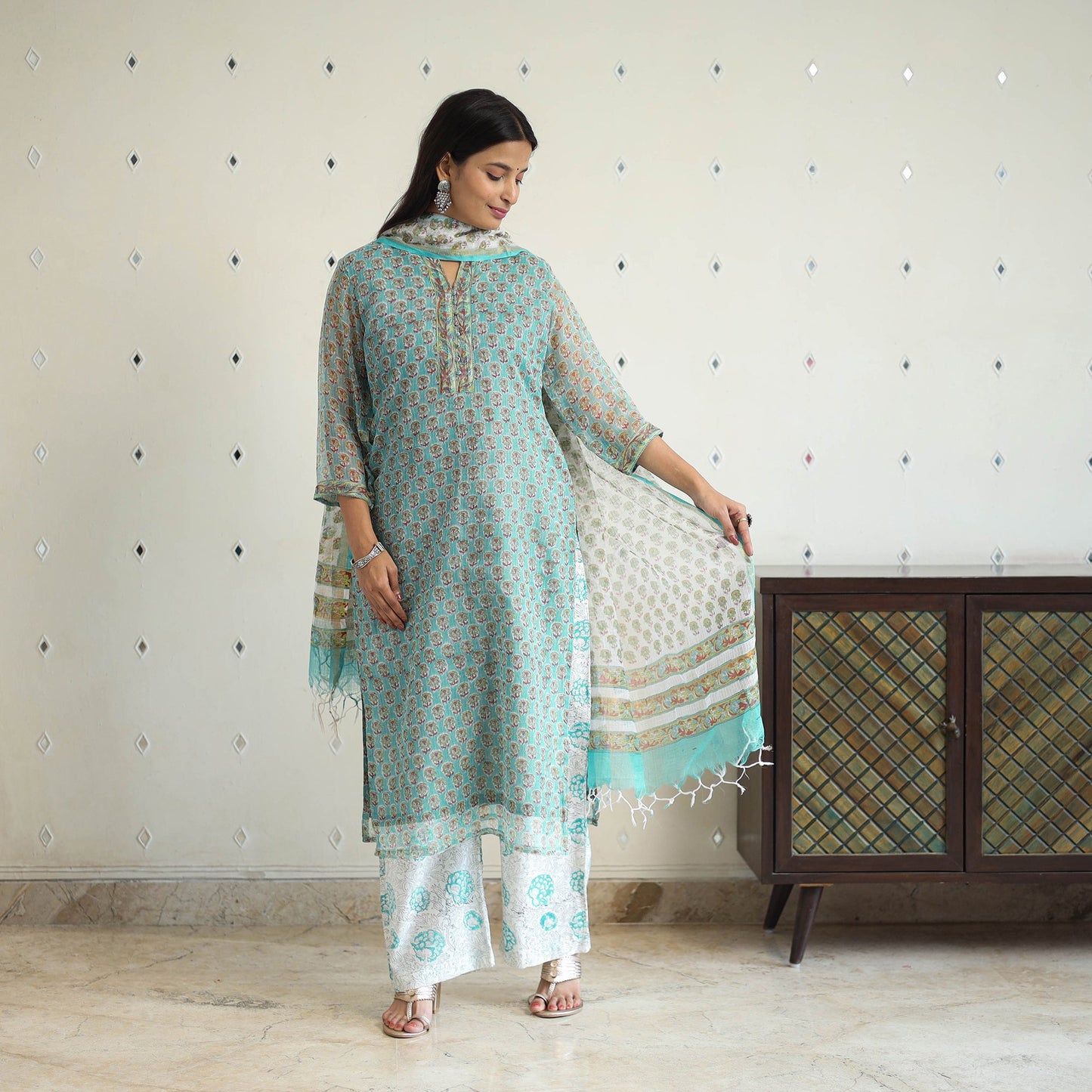 Green Block Print Kota Doria Cotton Sanganeri Kurta Set (Set of 3) 