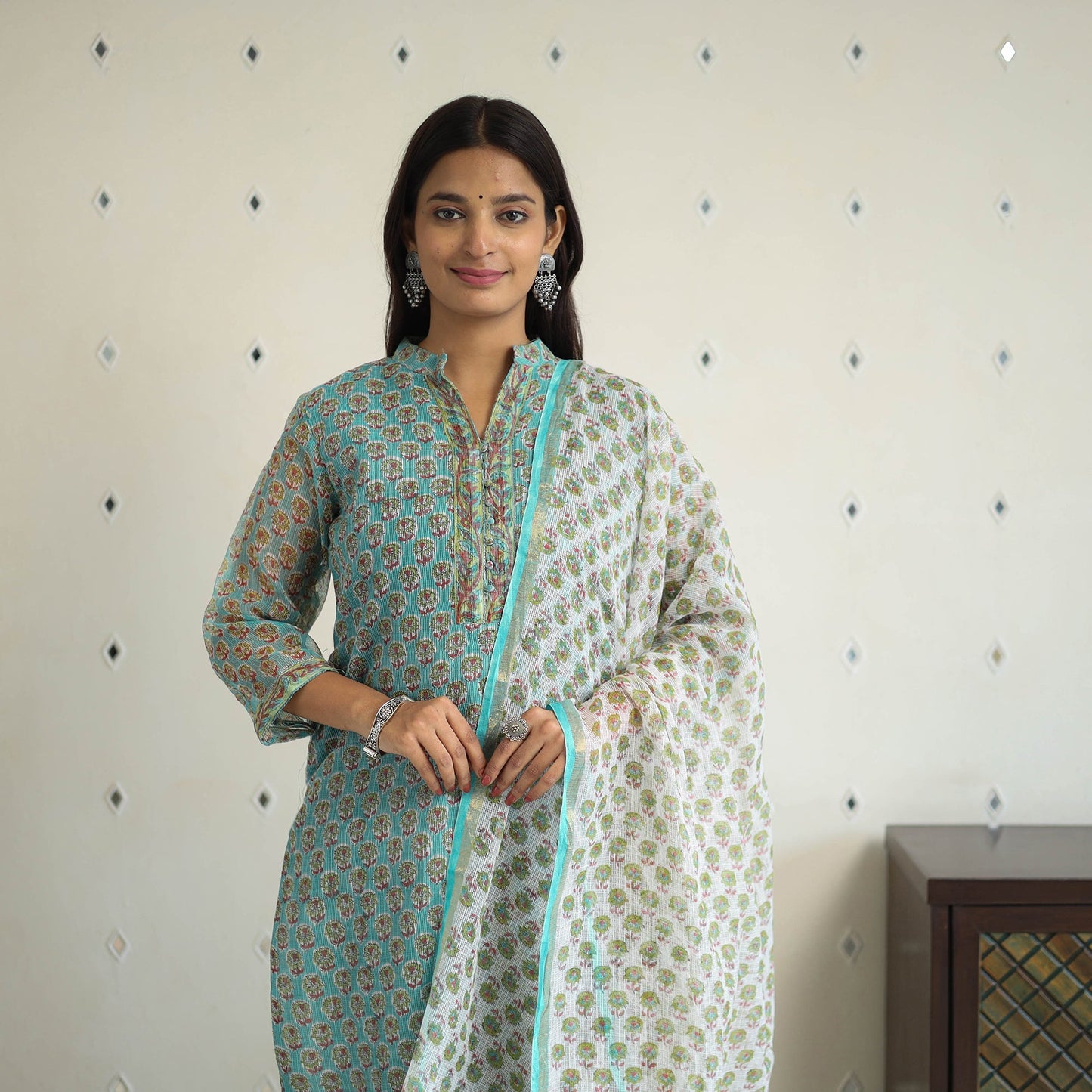 Green Block Print Kota Doria Cotton Sanganeri Kurta Set (Set of 3) 